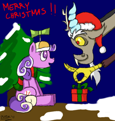 Size: 666x700 | Tagged: safe, artist:putuk, character:discord, character:screwball, chaos, christmas, clothing, hat, present, santa hat