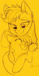 Size: 995x1919 | Tagged: safe, artist:graystripe64, character:apple bloom, character:applejack, species:earth pony, species:pony, adorabloom, bow, cute, duo, eyes closed, female, freckles, hug, jackabetes, simple background, sisterly love, sisters, sketch, smiling