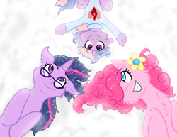 Size: 792x612 | Tagged: safe, artist:cat4lyst, character:pinkie pie, character:twilight sparkle, oc, oc:glitter sparkle, parent:pinkie pie, parent:twilight sparkle, parents:twinkie, ship:twinkie, female, glasses, lesbian, magical lesbian spawn, mama twilight, offspring, on back, shipping