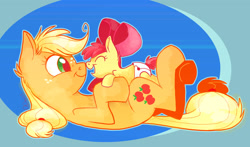 Size: 2182x1280 | Tagged: safe, artist:graystripe64, character:apple bloom, character:applejack, species:pony, adorabloom, baby, baby apple bloom, baby pony, boop, cute, diaper, ear fluff, female, filly, foal, jackabetes, noseboop, on back, open mouth, profile, sisterly love, sisters, younger