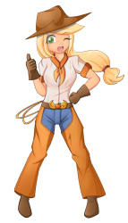 Size: 1092x1908 | Tagged: safe, artist:angriestangryartist, character:applejack, anime, applejack's hat, assless chaps, boots, chaps, clothing, cowboy boots, cowboy hat, female, gloves, hat, humanized, simple background, solo