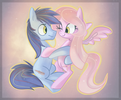 Size: 1024x845 | Tagged: safe, artist:kaji-tanii, oc, oc only, species:earth pony, species:pegasus, species:pony, abstract background, female, hug, looking at each other, male, mare, one eye closed, shipping, spread wings, stallion, straight, wings