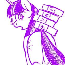 Size: 1280x1280 | Tagged: safe, artist:sdteddybear, character:twilight sparkle, book, bump, carrying, female, pile, plot, solo