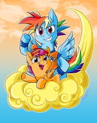 Size: 2650x3338 | Tagged: safe, artist:graystripe64, character:rainbow dash, character:scootaloo, species:pegasus, species:pony, clothing, cloud, cloudy, dragon ball, dragon ball z, female, filly, flying nimbus, hat, mare, open mouth, parody, smiling