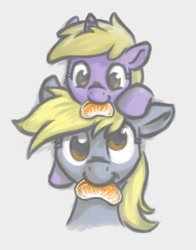 Size: 530x676 | Tagged: safe, artist:onkelscrut, character:derpy hooves, character:dinky hooves, species:pegasus, species:pony, species:unicorn, cute, duo, duo female, eating, equestria's best mother, female, filly, food, mare, mouth hold, nom, orange, pony hat, simple background, smiling, tangerine