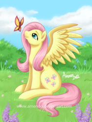 Size: 400x533 | Tagged: safe, artist:amenoo, character:fluttershy, species:pegasus, species:pony, butterfly, female, grass, looking at something, looking up, mare, outdoors, profile, sitting, sky, smiling, solo, spread wings, wings