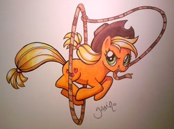 Size: 974x720 | Tagged: safe, artist:yamino, character:applejack, female, lasso, looking at you, mouth hold, photo, solo, traditional art