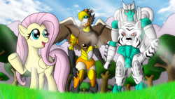 Size: 1024x576 | Tagged: safe, artist:atomic-chinchilla, character:fluttershy, airazor, beast wars, crossover, tigatron, transformers