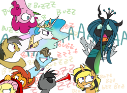 Size: 1500x1100 | Tagged: safe, artist:grilledcat, character:beauty brass, character:daring do, character:fluttershy, character:pinkie pie, character:princess celestia, character:queen chrysalis, oc, species:earth pony, species:pegasus, species:pony, species:unicorn, background pony, female, in which pinkie pie forgets how to gravity, kazoo, male, mare, musical instrument, pinkie being pinkie, pinkie physics, stallion, vuvuzela