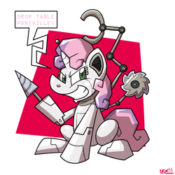 Size: 1000x1000 | Tagged: safe, artist:putuk, character:sweetie belle, species:pony, species:unicorn, friendship is witchcraft, sweetie bot, abstract background, buzzsaw, circular saw, comic, female, filly, foal, hooves, horn, kallisti, robot, saw, sitting, smiling, solo, sql, teeth, unfortunate implications