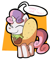 Size: 793x940 | Tagged: safe, artist:putuk, character:sweetie belle, clothing, costume, female, kallisti, pony as food, solo, taco, taco belle, taco suit