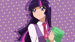 Size: 1024x579 | Tagged: safe, artist:c-minded, character:twilight sparkle, anime, book, bust, clothing, cute, cutie mark, cutie mark on clothes, eared humanization, female, humanized, necktie, pixiv, solo, stars, twiabetes