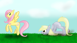 Size: 4500x2500 | Tagged: safe, artist:wonder-waffle, character:derpy hooves, character:fluttershy, species:pegasus, species:pony, female, following, mare
