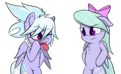 Size: 1227x754 | Tagged: safe, artist:floppychiptunes, artist:rainbro-stache, character:cloudchaser, character:flitter, species:pegasus, species:pony, akanbe, bipedal, bow, chest fluff, eyelid, eyelid pull, female, floppy ears, looking at each other, mare, siblings, simple background, sisters, taunt, tongue out, unamused, white background