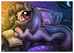 Size: 2000x1422 | Tagged: safe, artist:innocenttazlet, character:twilight sparkle, book, female, glasses, solo
