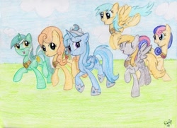 Size: 787x571 | Tagged: safe, artist:rarityforever, character:applejack, character:bon bon, character:carrot top, character:derpy hooves, character:fluttershy, character:golden harvest, character:lyra heartstrings, character:pinkie pie, character:rainbow dash, character:rarity, character:sunshower raindrops, character:sweetie drops, character:trixie, character:twilight sparkle, species:alicorn, species:earth pony, species:pegasus, species:pony, species:unicorn, lunaverse, alicornified, alternate universe, background six, elements of harmony, luna six, mane six, race swap, traditional art, trixiecorn