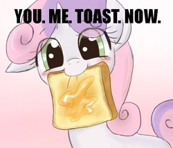 Size: 700x600 | Tagged: safe, artist:yubi, character:sweetie belle, species:pony, species:unicorn, blushing, bread, butter, cute, diasweetes, female, filly, food, looking at you, mouth hold, solo, toast, you. me. x. now.