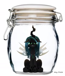 Size: 1796x2120 | Tagged: dead source, safe, artist:inky-pinkie, character:queen chrysalis, fangs, female, frown, glare, jar, looking at you, sitting, solo, unamused, underhoof