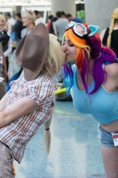 Size: 1276x1920 | Tagged: safe, artist:agentt3xas, artist:geekeryandsuch, character:applejack, character:rainbow dash, species:human, ship:appledash, anime expo, belly, belly button, convention, cosplay, female, irl, irl human, kissing, lesbian, muffin top, photo, shipping