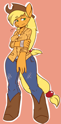 Size: 941x1920 | Tagged: safe, artist:slipe, character:applejack, species:anthro, species:unguligrade anthro, boots, clothing, female, hat, hoof boots, jeans, pants, shirt, solo