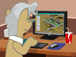 Size: 1200x900 | Tagged: safe, artist:grilledcat, character:mayor mare, species:earth pony, species:pony, computer, female, game, glasses, mare, photoshop, sim city, sim city 2000, solo