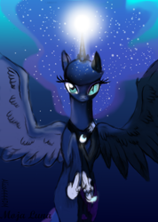 Size: 4816x6746 | Tagged: safe, artist:alicjaspring, character:nightmare moon, character:princess luna, species:alicorn, species:pony, :c, absurd resolution, crown, digital art, duality, female, frown, glow, glowing horn, hoof shoes, horn, jewelry, looking at you, magic, mare, nightmare luna, peytral, regalia, solo, spread wings, transformation, transforming accessories, wings