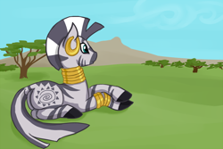 Size: 900x600 | Tagged: safe, artist:bux, character:zecora, species:pony, species:zebra, ear piercing, earring, female, jewelry, lying down, mare, outdoors, piercing, solo, tree