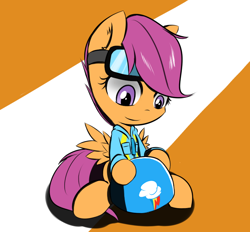 Size: 700x650 | Tagged: dead source, safe, artist:ranban, character:scootaloo, species:pegasus, species:pony, backpack, clothing, cute, cutealoo, female, filly, goggles, helmet, jacket, pixiv, sitting, solo