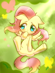 Size: 1181x1544 | Tagged: safe, artist:araraginatsuki, edit, character:fluttershy, species:pegasus, species:pony, blushing, censorship, confused, crying, cute, explicit source, featureless crotch, female, filly, innocent, on back, solo, spread legs, spread wings, underhoof, vulnerable, wings