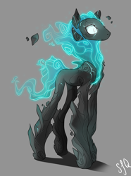 Size: 1024x1376 | Tagged: safe, artist:pon-ee, oc, oc only, elemental, fire, golem, gray background, magic, original species, rock, simple background, smiling, solo, standing