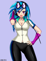 Size: 1125x1500 | Tagged: safe, artist:crimsonbugeye, character:dj pon-3, character:vinyl scratch, species:human, breasts, busty vinyl scratch, cleavage, female, humanized, looking at you, solo