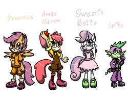 Size: 1000x800 | Tagged: safe, artist:hoshinousagi, character:apple bloom, character:scootaloo, character:spike, character:sweetie belle, species:anthro, species:plantigrade anthro, clothing, cutie mark crusaders, sonic the hedgehog (series), sonicified, species swap