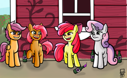 Size: 1272x787 | Tagged: safe, artist:mangameister, character:apple bloom, character:babs seed, character:scootaloo, character:sweetie belle, blushing, cutie mark crusaders, drunk, drunkaloo, drunker babs, drunker belle, drunker bloom, drunker cmc, drunkie belle, underaged drinking