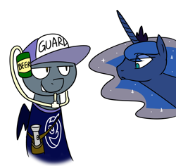 Size: 628x594 | Tagged: safe, artist:grilledcat, character:princess luna, species:bat pony, species:pony, alcohol, baseball cap, beer, cap, clothing, drinking hat, flashlight (object), hat, night guard, shirt, simple background