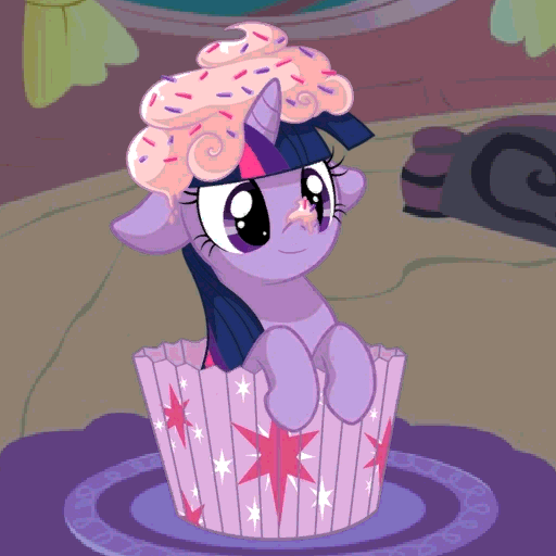Size: 512x512 | Tagged: dead source, safe, artist:miikanism, artist:sirvown, character:twilight sparkle, species:pony, species:unicorn, animated, blinking, cupcake, cute, female, floppy ears, food, frosting, hnnng, mare, ponies in food, silly, smiling, solo, twiabetes, twilight sprinkle