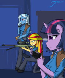 Size: 1500x1800 | Tagged: safe, artist:xonitum, character:sunset shimmer, character:trixie, character:twilight sparkle, species:anthro, species:pony, species:unicorn, my little pony:equestria girls, counterparts, crossover, female, gun, horn, magical trio, mug, optical sight, peanut butter crackers, rifle, sniper, sniper rifle, team fortress 2, teeth, text, twilight's counterparts, weapon