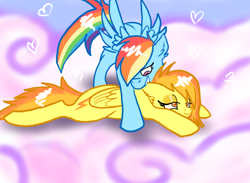 Size: 700x512 | Tagged: safe, artist:cat4lyst, artist:coyoterainbow, character:rainbow dash, character:spitfire, ship:spitdash, cloud, cloudy, ear bite, female, heart, lesbian, shipping