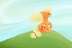 Size: 900x607 | Tagged: safe, artist:bux, character:applejack, species:pony, eyes closed, female, hill, mare, raised hoof, sitting, solo, windswept mane