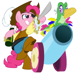 Size: 1577x1527 | Tagged: safe, artist:rannva, character:gummy, character:pinkie pie, species:parrot, bottle, eyepatch, party cannon, pirate, sword