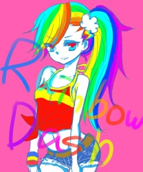 Size: 500x600 | Tagged: safe, artist:yuzuko, character:rainbow dash, my little pony:equestria girls, belly button, clothing, daisy dukes, female, front knot midriff, humanized, midriff, pixiv, ponytail, psychedelic, shorts, solo, spaghetti top