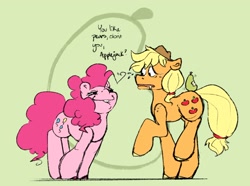 Size: 2048x1521 | Tagged: safe, artist:missusmousse, character:applejack, character:pinkie pie, species:earth pony, species:pony, g4, heresy, pear, raised hoof
