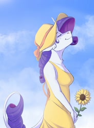 Size: 1280x1745 | Tagged: safe, artist:shimazun, character:rarity, species:anthro, species:pony, species:unicorn, g4, eyes closed, female, horn, leonine tail, mare, solo, sun hat, sundress, sunflower, tail