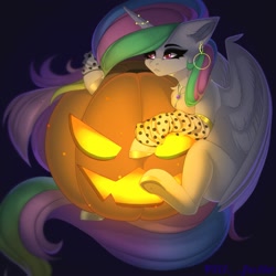 Size: 2000x2000 | Tagged: safe, artist:villjulie, character:princess celestia, species:alicorn, species:pony, g4, halloween, jack-o-lantern, pumpkin, solo