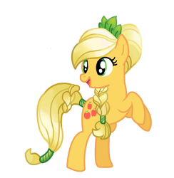 Size: 900x923 | Tagged: safe, artist:schnuffitrunks, character:applejack, alternate hairstyle, braid, female, looking back, rearing, simple background, solo, tail wrap