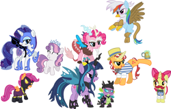Size: 1500x956 | Tagged: safe, artist:schnuffitrunks, character:apple bloom, character:applejack, character:flam, character:flim, character:pinkie pie, character:rainbow dash, character:rarity, character:scootaloo, character:spike, character:sweetie belle, character:twilight sparkle, clothing, costume, cutie mark crusaders, flim flam brothers, role reversal, roleplaying