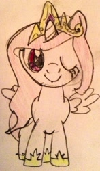 Size: 1156x1964 | Tagged: safe, artist:dassboshit, artist:karmakstylez, character:princess celestia, cewestia, crown, drawing, female, filly, jewelry, one eye closed, pink-mane celestia, regalia, smiling, solo, wink, young, young celestia, younger