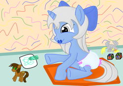 Size: 1280x896 | Tagged: safe, artist:emerald rush, character:derpy hooves, oc, oc:emerald rush, oc:filly moonshine, species:pegasus, species:pony, species:unicorn, diaper, plushie