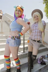 Size: 2304x3456 | Tagged: safe, artist:agentt3xas, artist:geekeryandsuch, character:applejack, character:rainbow dash, species:human, anime expo, belly button, cosplay, irl, irl human, midriff, photo