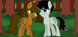 Size: 1280x608 | Tagged: safe, artist:emerald rush, oc, oc only, oc:emerald rush, species:pegasus, species:pony, chadster image, couple, forest, snuggling
