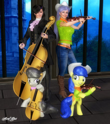 Size: 840x950 | Tagged: safe, artist:axel-doi, character:fiddlesticks, character:octavia melody, species:earth pony, species:human, species:pony, 3d, apple family member, boots, cello, clothing, cowboy boots, cowboy hat, female, hat, human ponidox, humanized, mare, musical instrument, ponidox, poser, shoes, suit, violin, woman